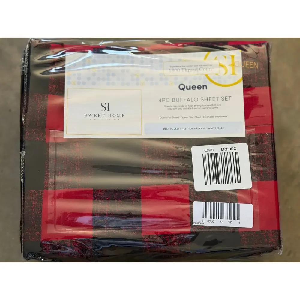 NEW! Sweet Home Collection Classic Buffalo Plaid 4PC Printed Bed Sheet Set Queen